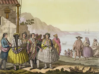 Hommes et femmes en costume élaboré, Chili, de 